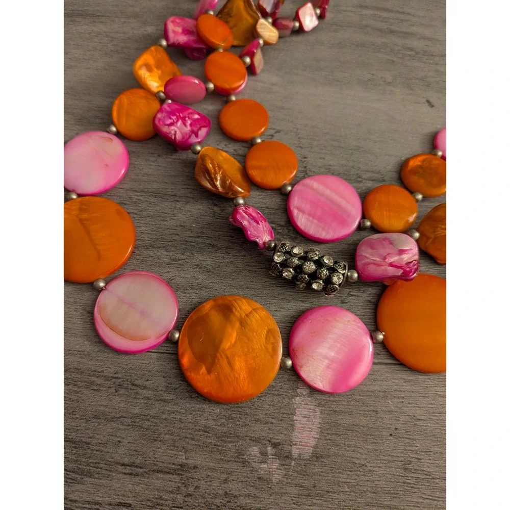 Pink Orange Shell Disc Multi Strand Statement Necklace Silver Tone Rhinestone